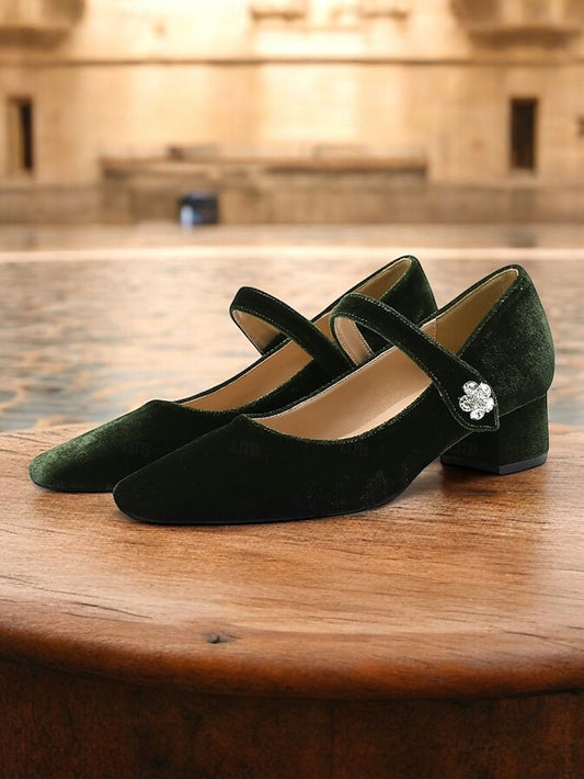 Jane Block Velvet Mary Green Square Women's - Toe Pumps
