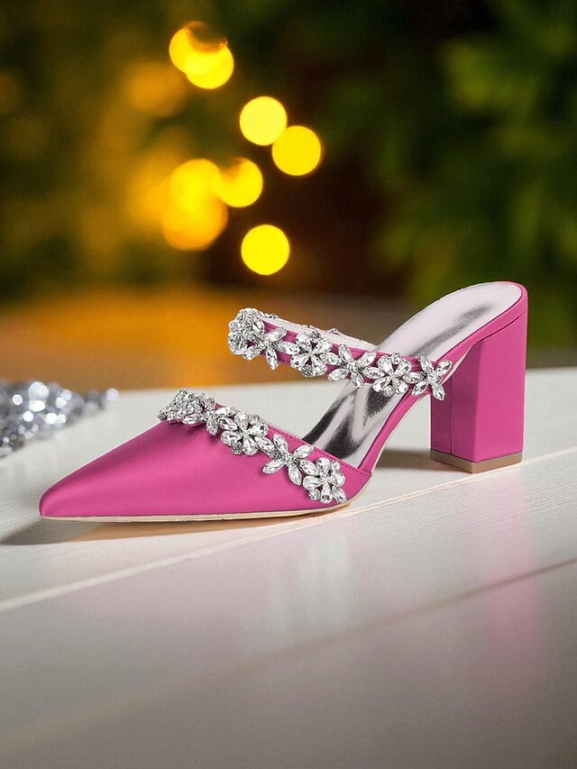 Women's Mules Rhinestone Floral Heel Black Block Satin with