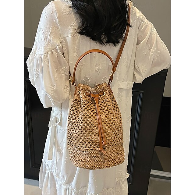 - Drawstring Summer Bucket Bag Woven Women’s Stylish with Tote