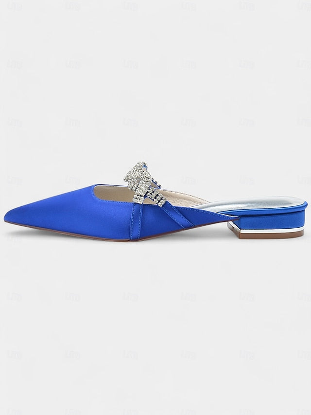 Satin Mule - Heels Rhinestone with Pointed-Toe Blue Detailing