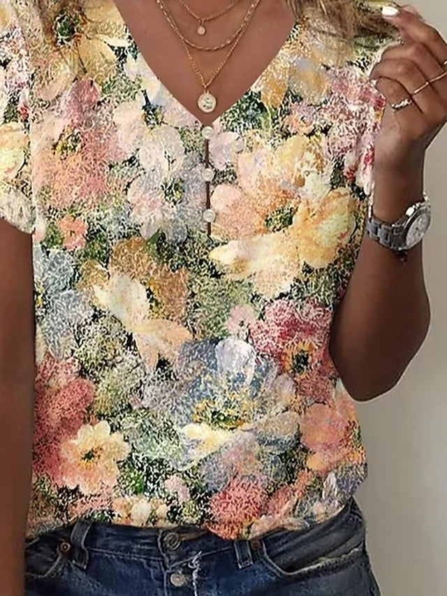 Women's T-Shirt  V Neck Floral Graphic Casual Short Sleeve