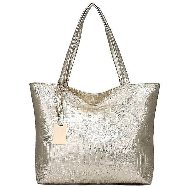Embossed Women's Faux Tote | Croc Bag Silver Capacity Large
