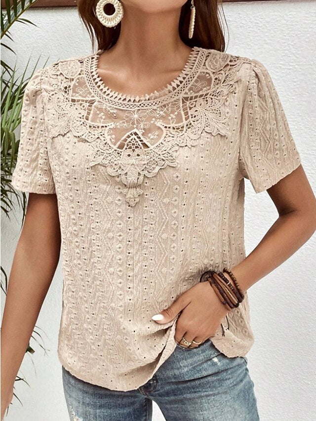 Women's T Shirt Lace Patchwork Plain Fashion Modern Casual