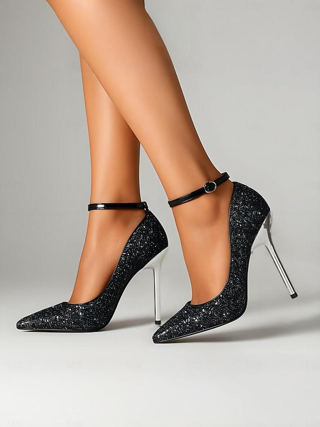 Women's Pointed – Gold Sparkly Stiletto Heels Toe Glitter