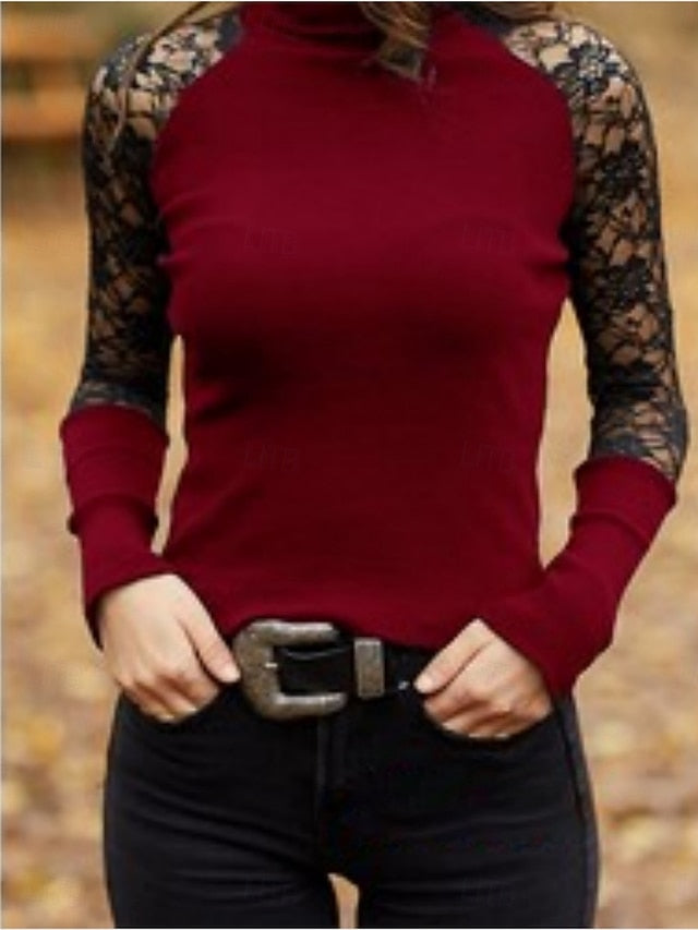 Women's Blouse Lace Patchwork Solid Color Stylish Casual