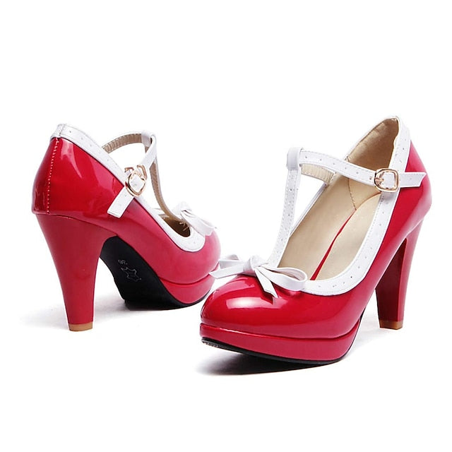 with Black White High Patent Women's Heels Leather T-Strap