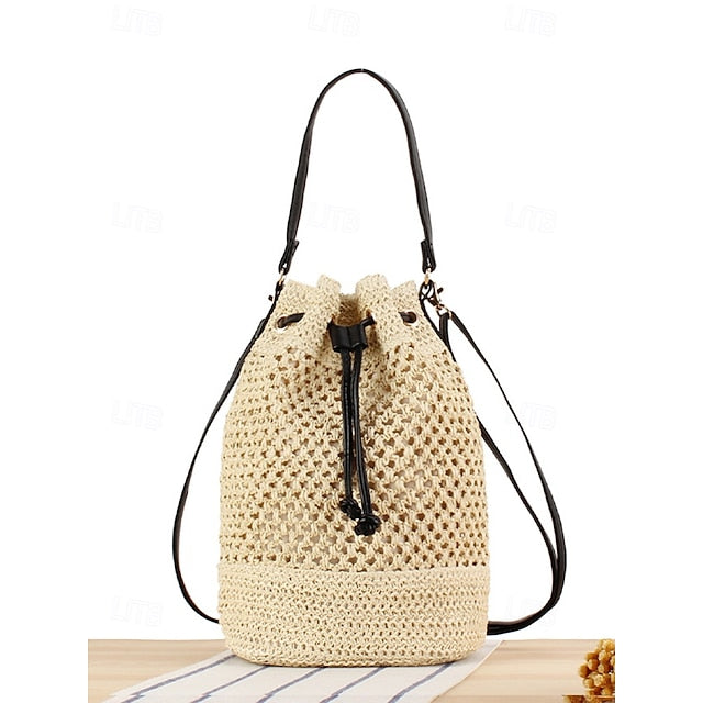 - Drawstring Summer Bucket Bag Woven Women’s Stylish with Tote