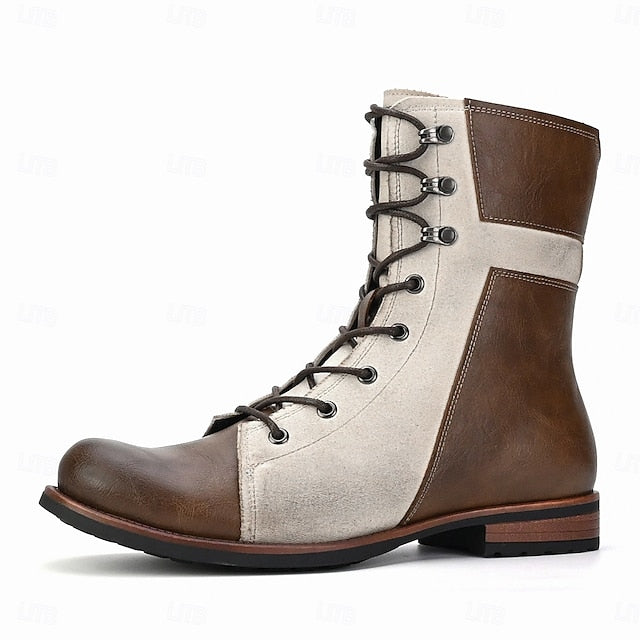Mid-Calf Two-Tone Lace-Up Leather Faux Men's Vintage Boots