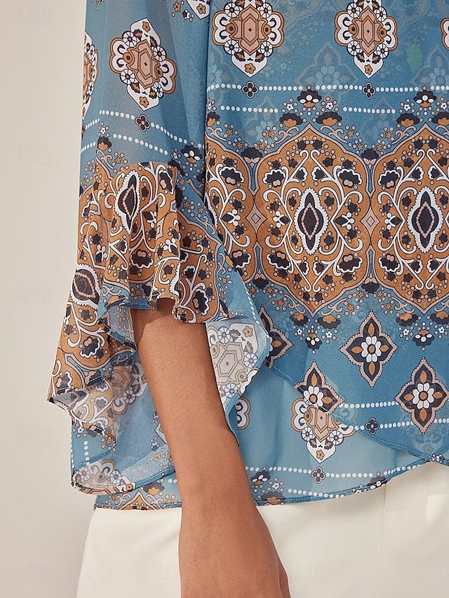 Women's Paisley Print Chiffon Peasant Top Lantern Sleeve