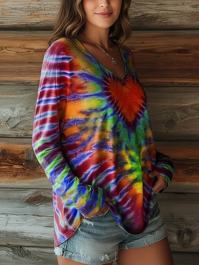 Women's T Shirt Print Heart Graphic Tie Dye Bohemia Vintage