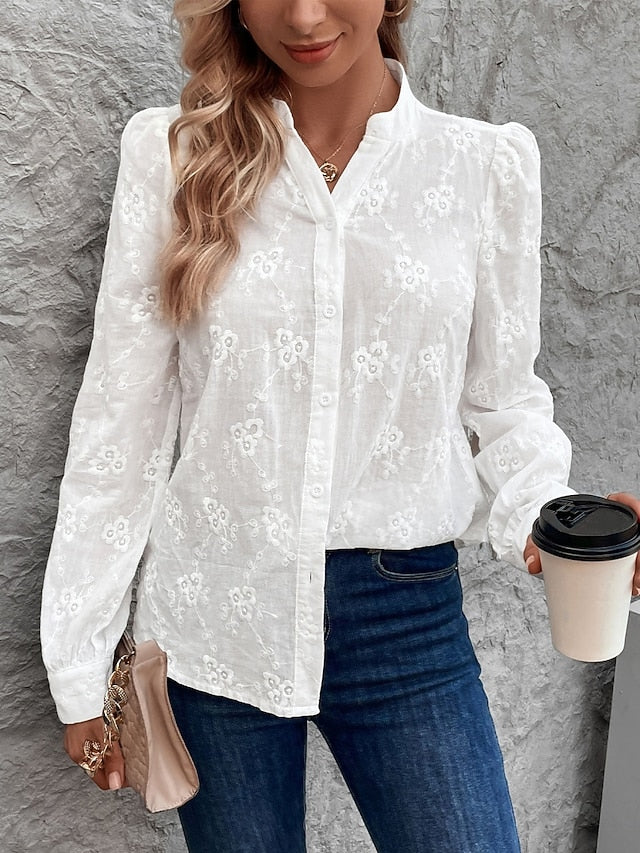 Women's Casual Shirt Button Up Shirt Blouse Embroidered