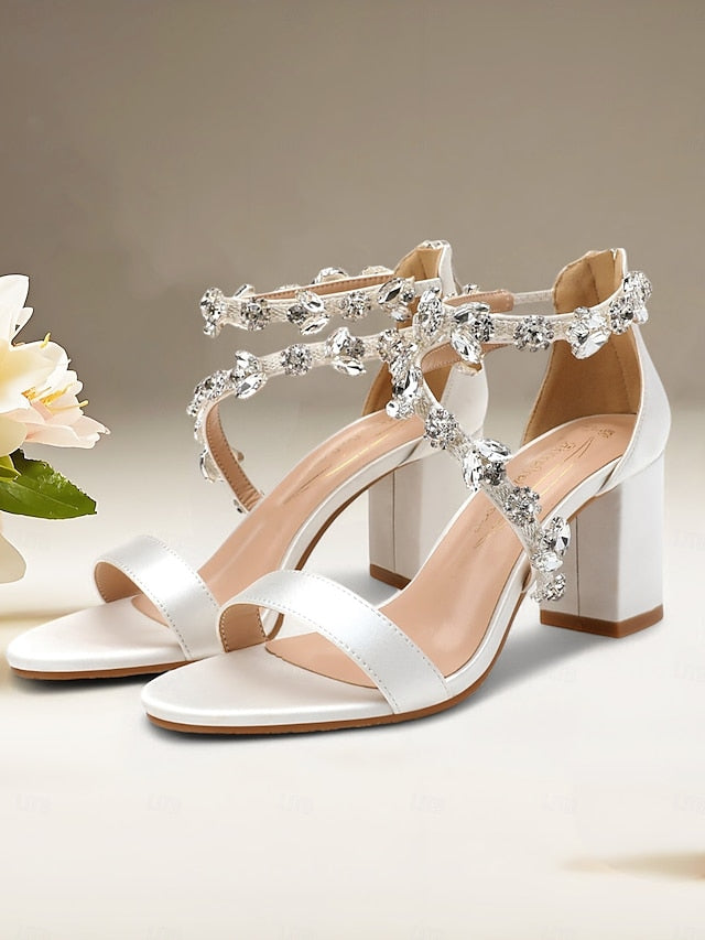 Women's with Crystal Pink Straps Heel Block Sandals Satin