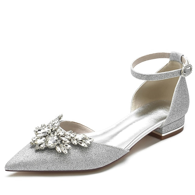 – White Satin Women's Flats Design Floral with Rhinestone