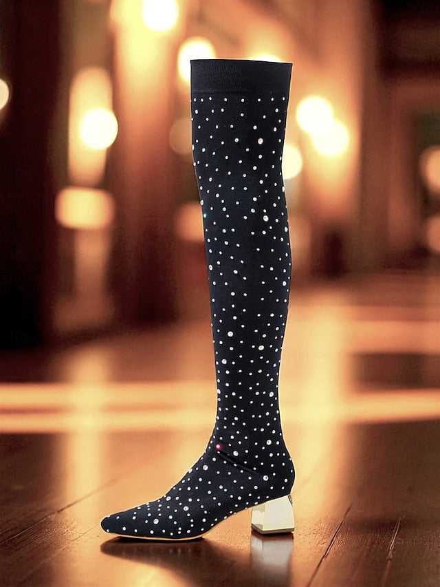 Black Pointed Women's Over-the-Knee with Boots Rhinestone