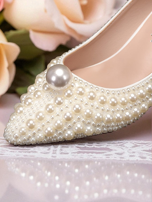 Pearl-Embellished Women's Kitten Pumps and Heel Matching