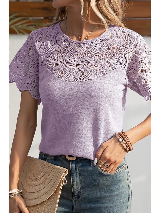Women's Blouse Lace Tops Lace Plain Casual Short Sleeve