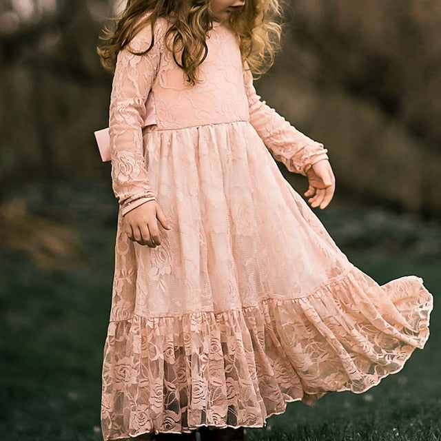 Long Girls' Colored Dress Girl Flower Solid Kids