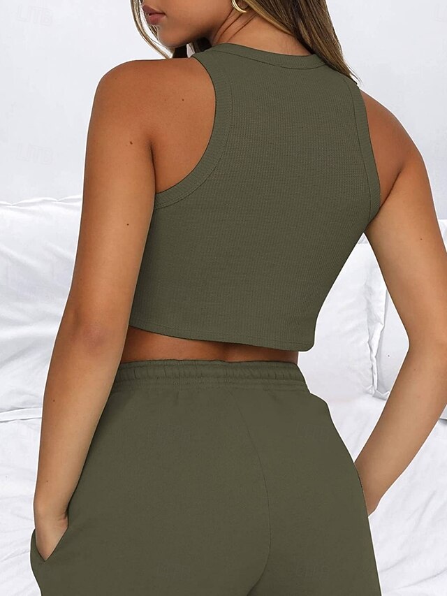 Women's Shorts Sets Sleeveless Crew Neck Solid Color