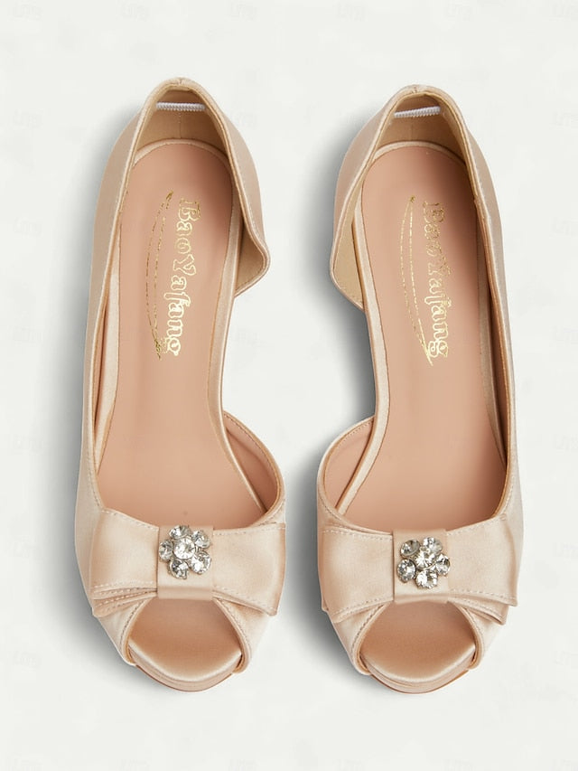 Peep and Champagne Toe Heels with Women's Bow Satin