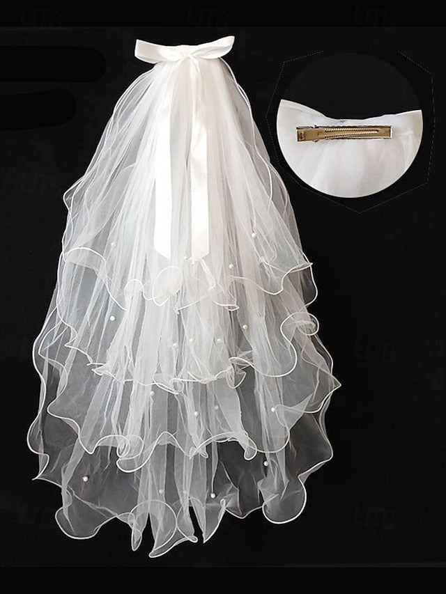 Elegant Satin - Bridal Ivory Ribbon Tulle Veil with and Soft