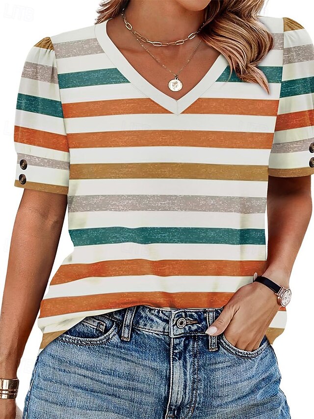 Women's T Shirt Summer Tops Patchwork Buttons Print Solid