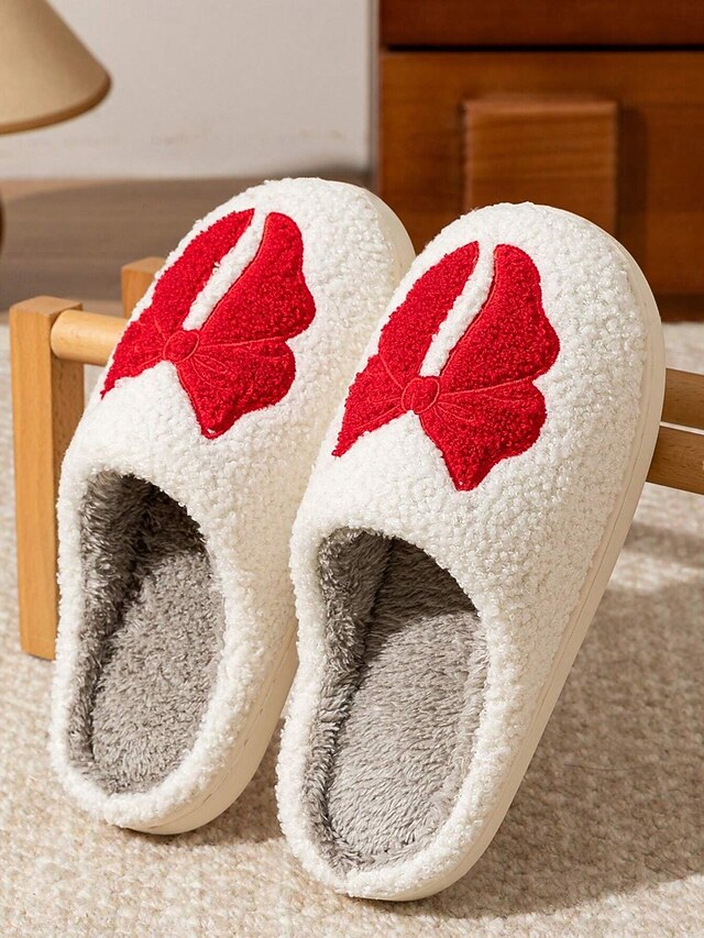 with Bowknot Slippers Soft Red and Design - White Women's