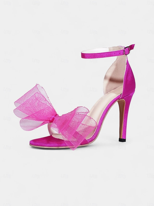 High Bow Women's Stiletto Sandals Hot Pink Elegant Heel -