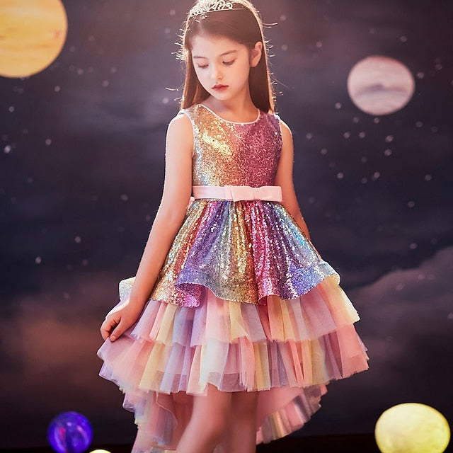 Girls' Kids colour Sequin Wedding Sleeveless Party Dress