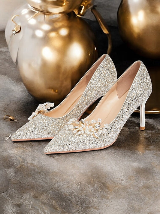 with Silver Heels Women's Stiletto Floral Glitter