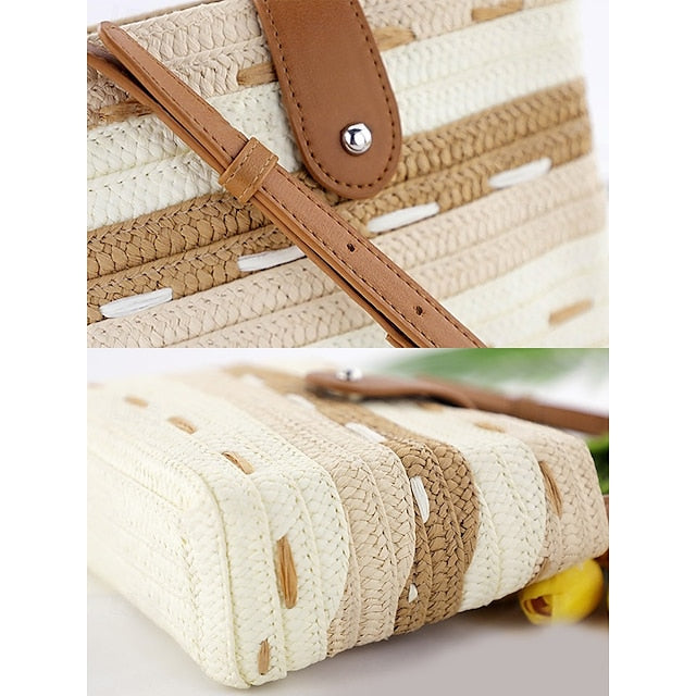 Woven with Women's Colorblock Straw Striped Brown Tote Bag
