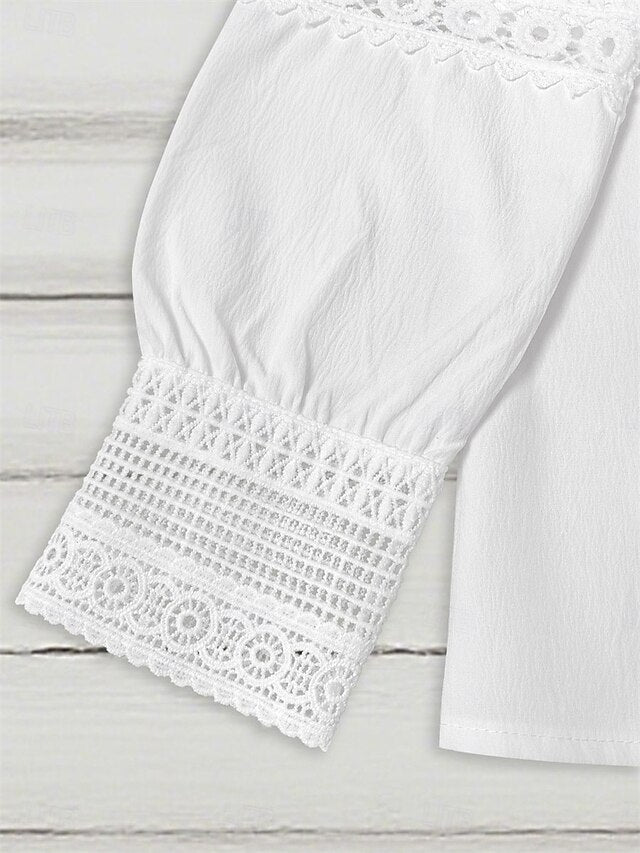 Women's Shirt Blouse Eyelet top Ruched Patchwork Eyelet