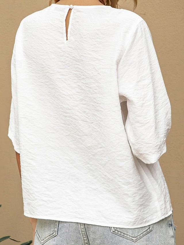 Women's Shirt Cotton Linen Shirts Blouse Solid Color Basic