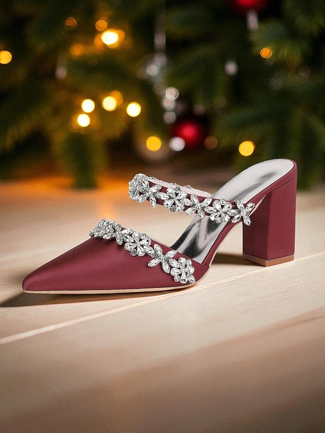 Women's Mules Rhinestone Floral Heel Black Block Satin with