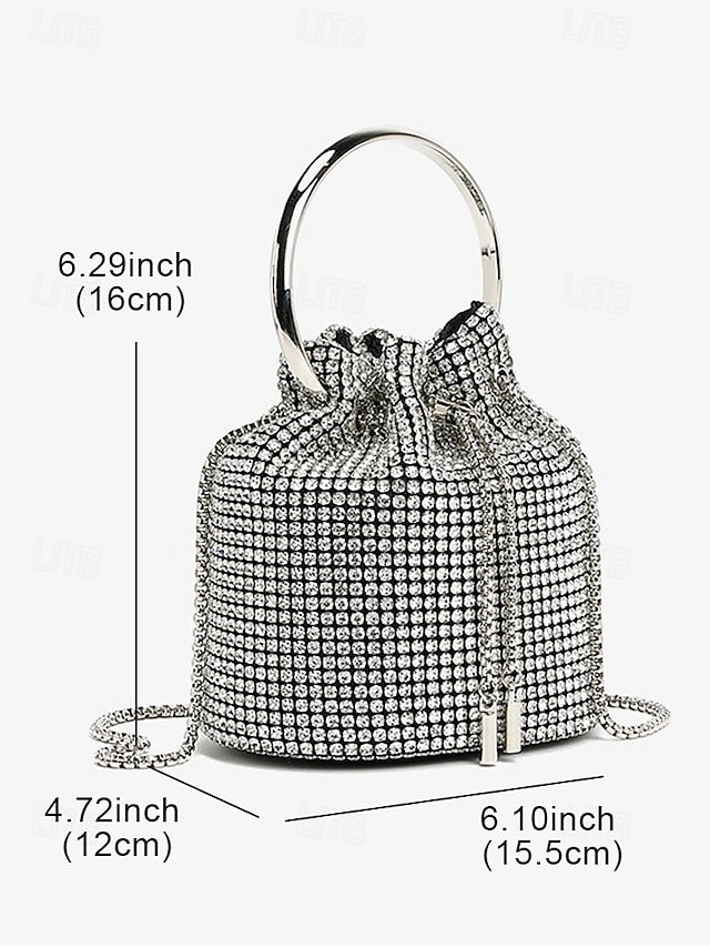 Women's Rhinestone Silver Sparkling Bucket with Bag Metal