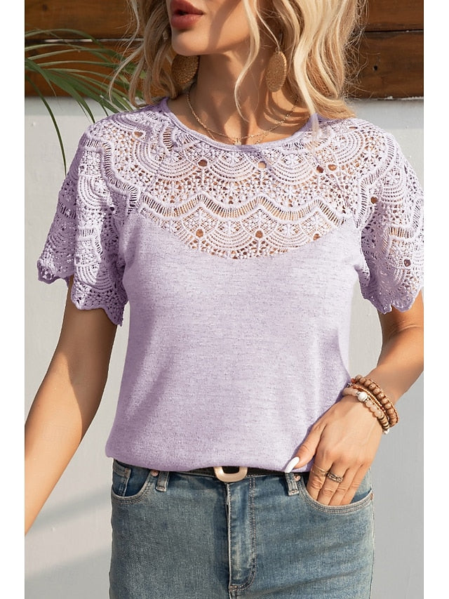 Women's Blouse Lace Tops Lace Plain Casual Short Sleeve