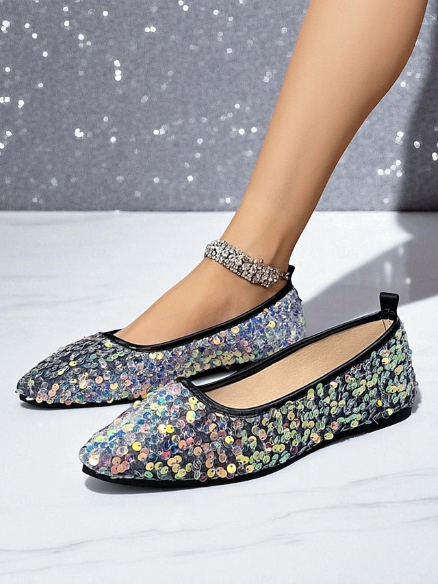 Sequin Women's Ballet Black Flats Toe - Pointed Sparkly