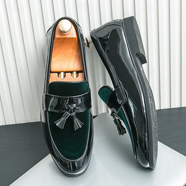 Faux Black Patent Loafers Leather Men's Velvet Tassel –