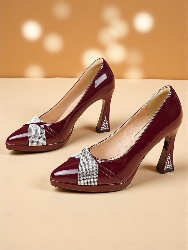 Heels Pointed Burgundy Toe Leather Women's Patent with