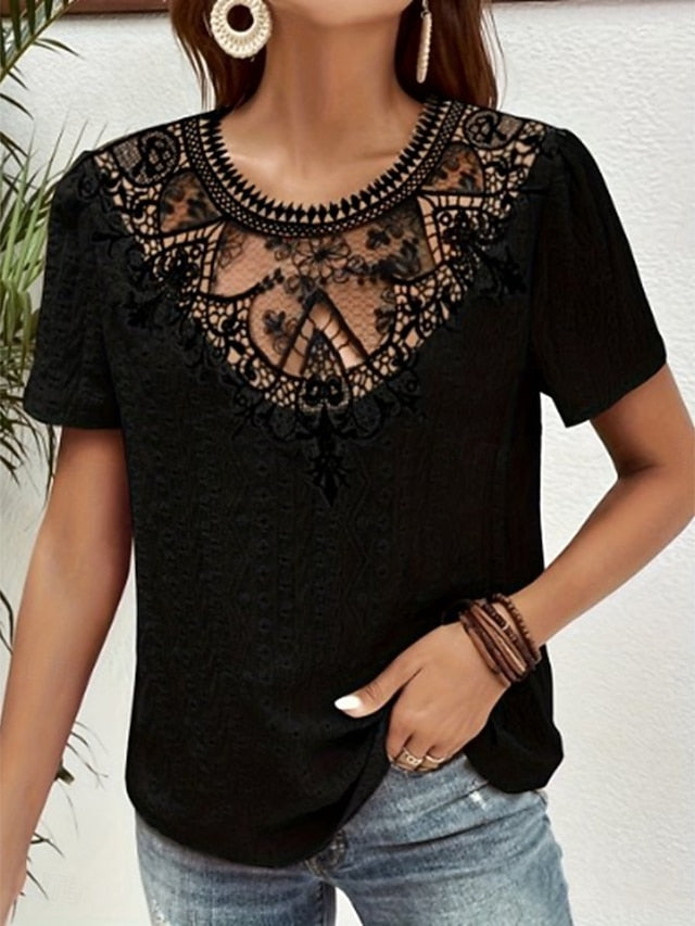 Women's T Shirt Lace Patchwork Plain Fashion Modern Casual