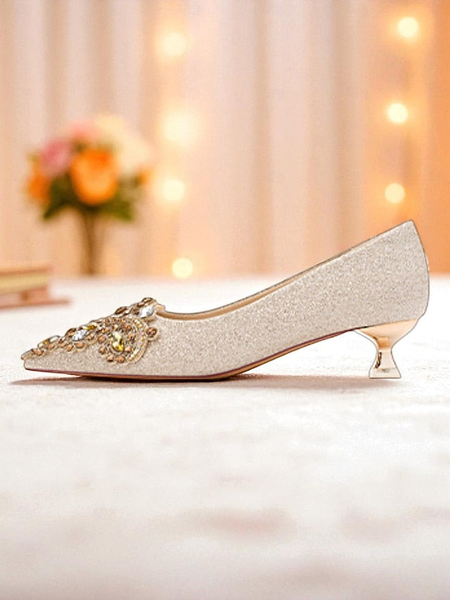 Pointed-Toe Heel Pumps Women's with Gold Glitter Low