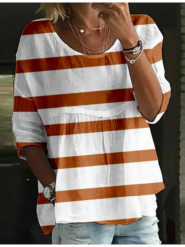 Women's Blouse Print Striped Stylish 3/4 Length Sleeve Crew
