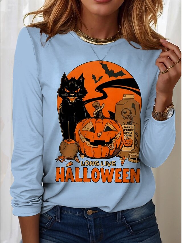 Women's T shirt Black Cat Graphic Cat Pumpkin Vintage
