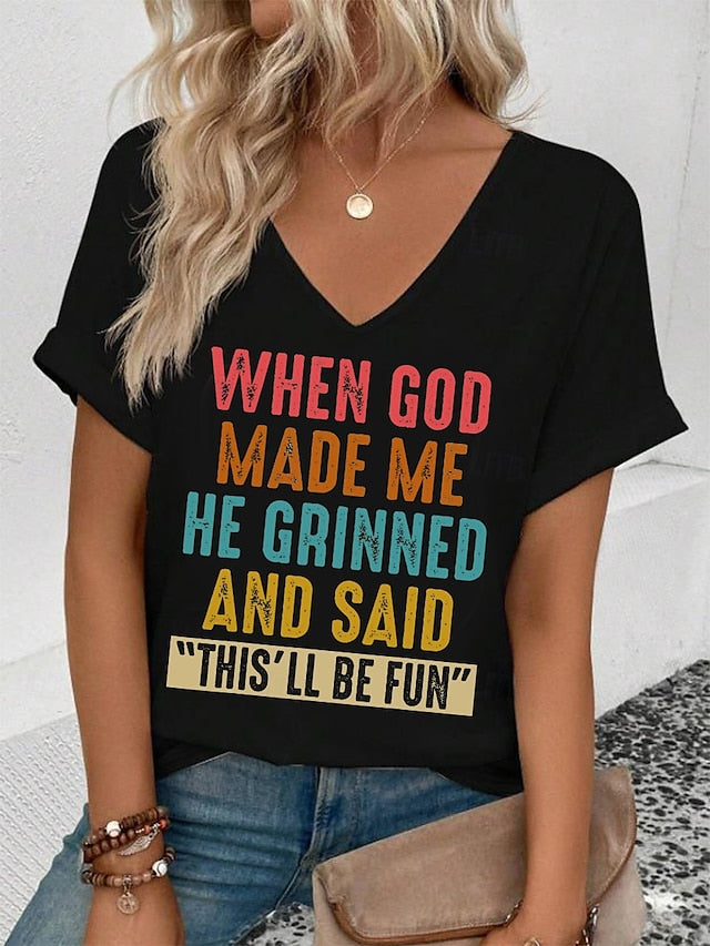 Women's T Shirt Print Graphic Letter Casual Short Sleeve V
