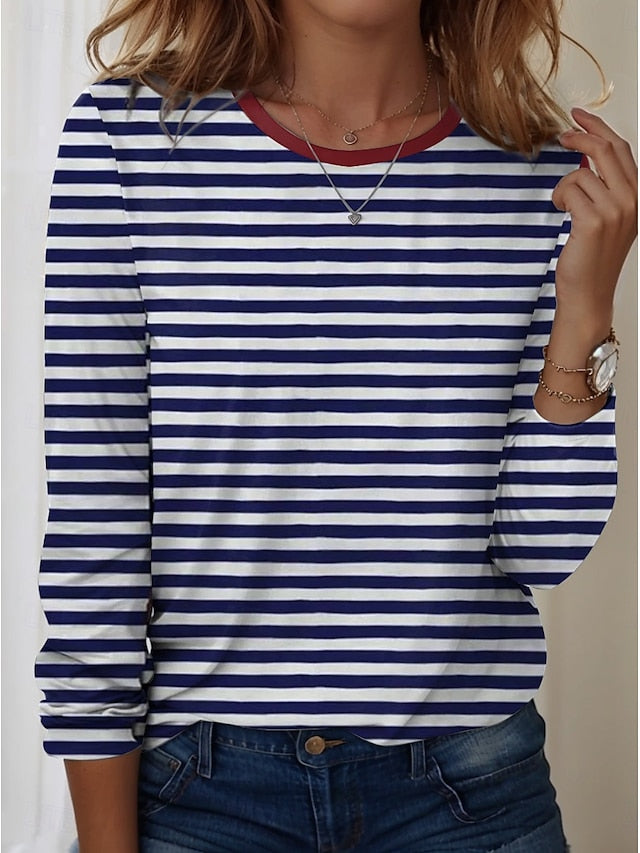 Women's T shirt Crew Neck Long Sleeve Tunic Graphic Striped