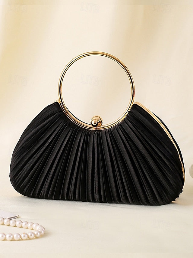 - Velvet Elegant Ring Pleated Handle Green with Gold Clutch