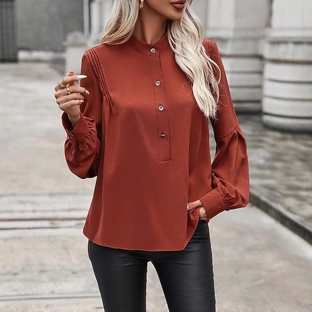 Women's Shirt Elegant Satin Top Blouse Ruched Buttons Plain