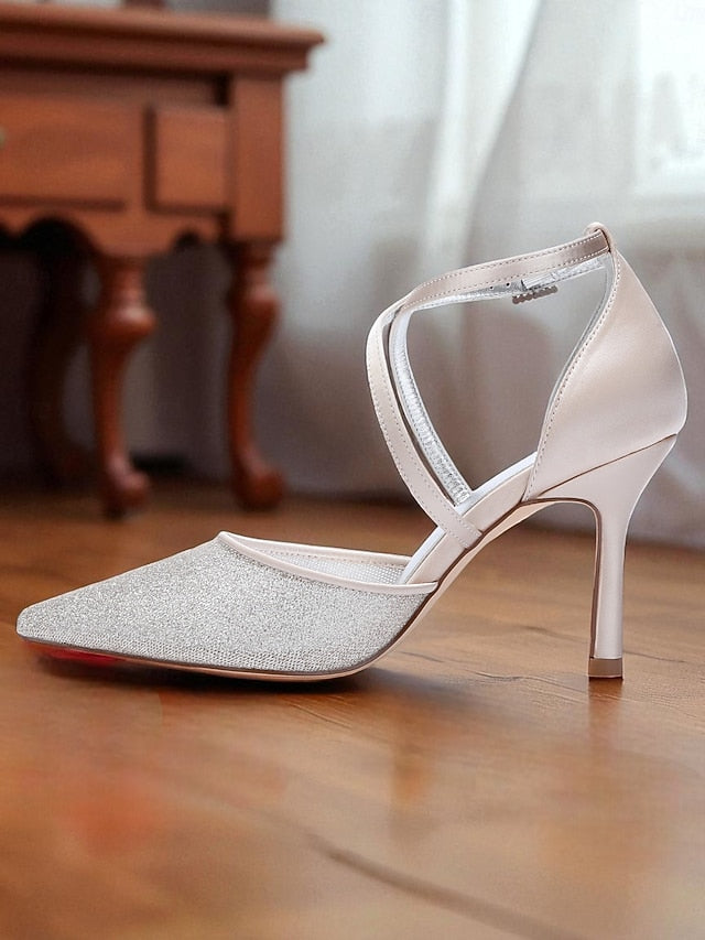 Ankle Glitter Heels Elegant Silver - Women's Stiletto Strap