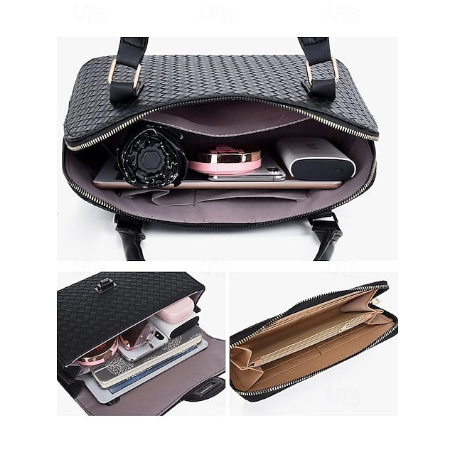 Faux Set Handbag Brown Women's Woven 3-Piece Leather –