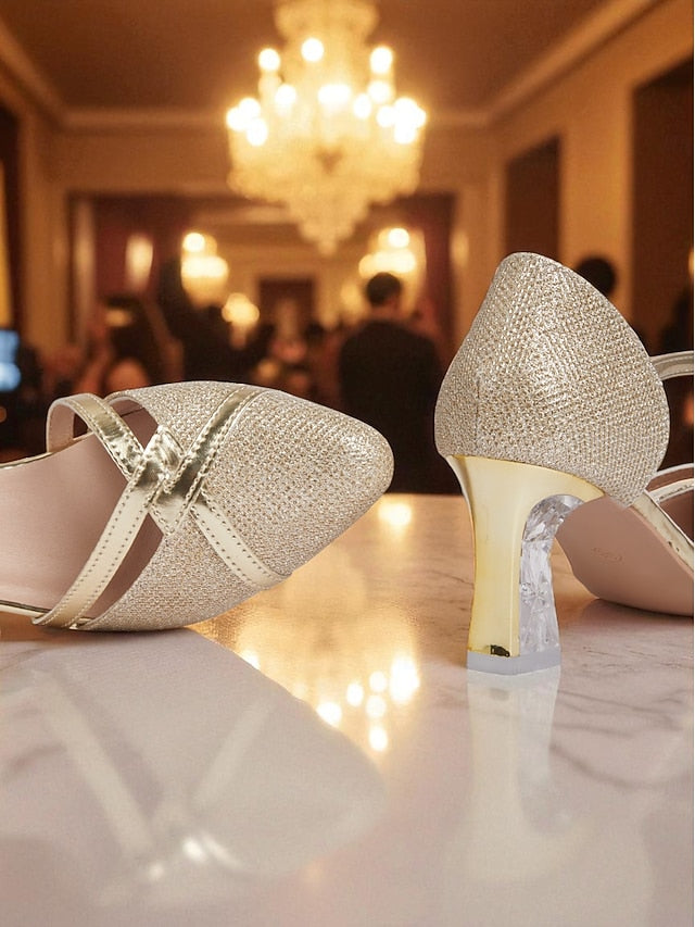 Pumps Ankle Block Elegant - Heel Gold Strap Glitter Women's