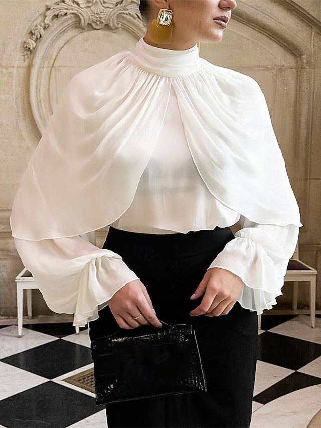 Women's Blouse Dressy Tops Ruched Ruffle Patchwork Solid